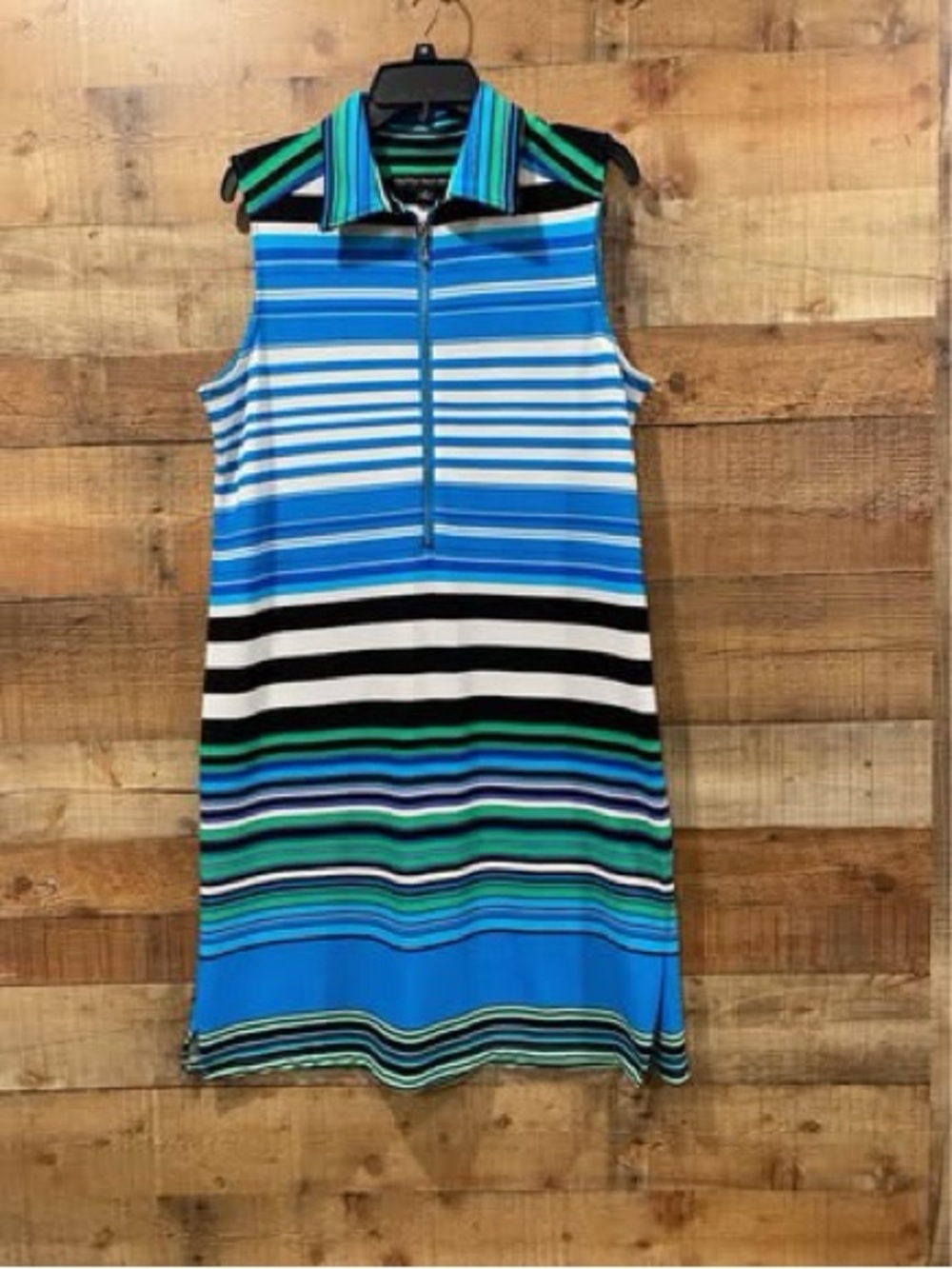 Danillo Boutique Striped Zip-Front Polo Dress in Blue & Teal Size 14